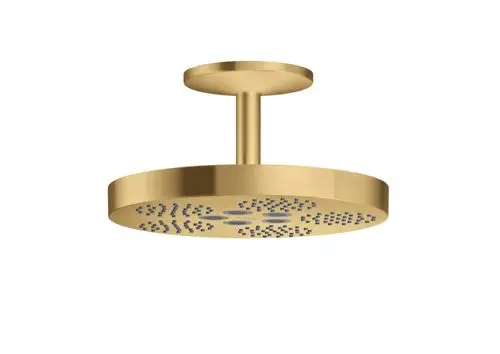 Kreisförmige Deckenbrause in Brushed Gold Optik von AXOR mit strukturiertem Duschkopf, montiert an einem kurzen Ständer.